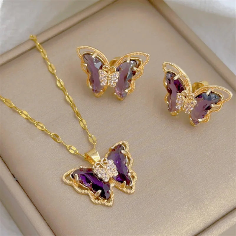 Fashion European and American Cute Micro-inlaid Butterfly Necklace Earrings Set Classic Light Luxury Transparent Stainless Steel TAVEN System LLC