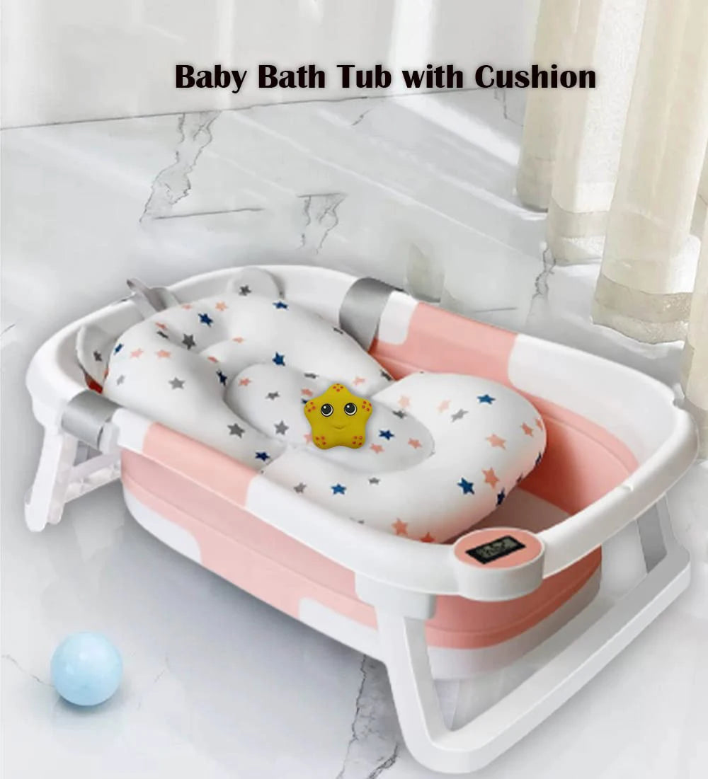 Foldable Baby Bath Tub with Bath Cushion Infant Tub with Thermometer Non-Slip Collapsible Baby Bathtub Newborn to Toddler TAVEN System LLC