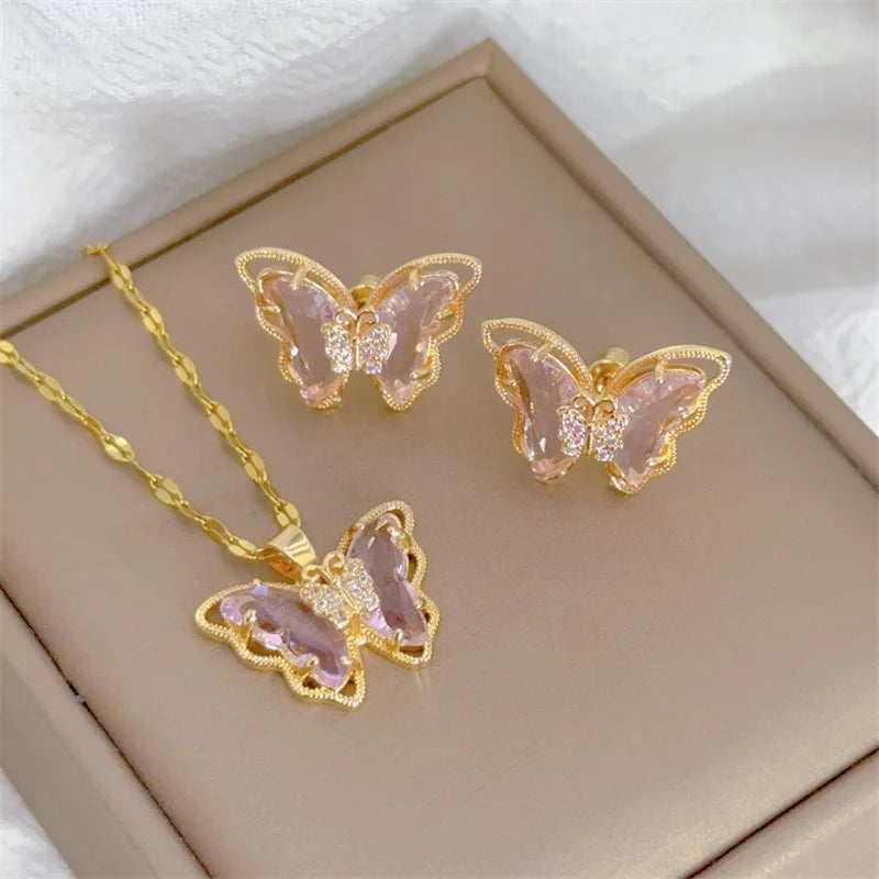 Fashion European and American Cute Micro-inlaid Butterfly Necklace Earrings Set Classic Light Luxury Transparent Stainless Steel TAVEN System LLC