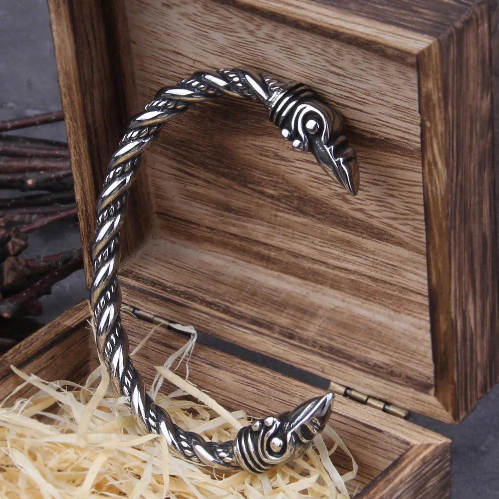 Stainless Steel Nordic Viking Norse Raven Bracelet Men Wristband Cuff Bracelets with viking wooden box TAVEN System LLC