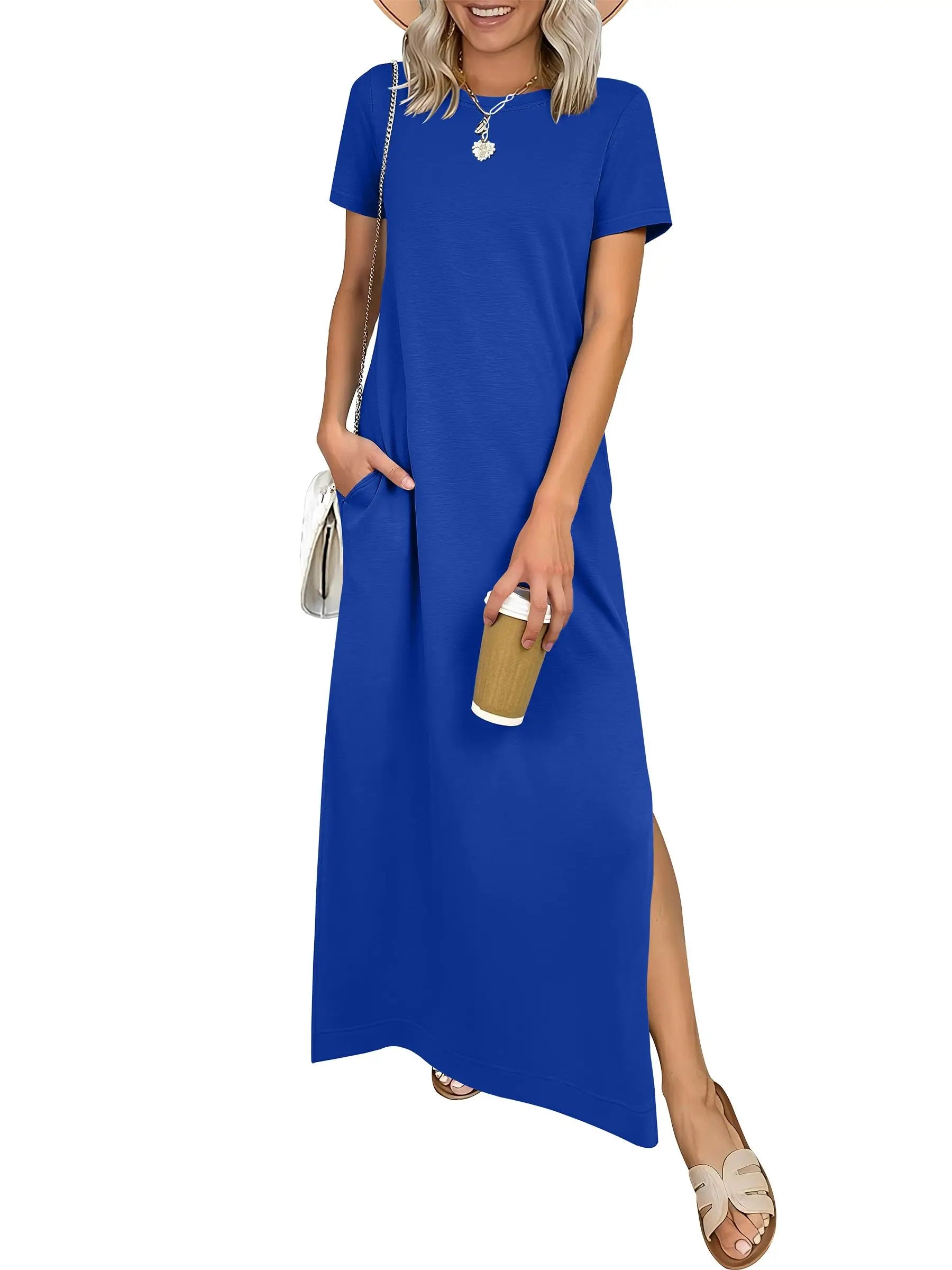 Women Short Sleeve Maxi Dress Crew Neck Side Split Casual Loose Dress