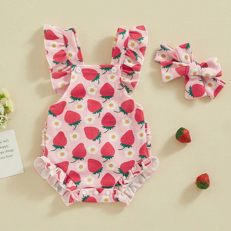 Baby Girl Floral Print Romper with Matching Headband Summer Set