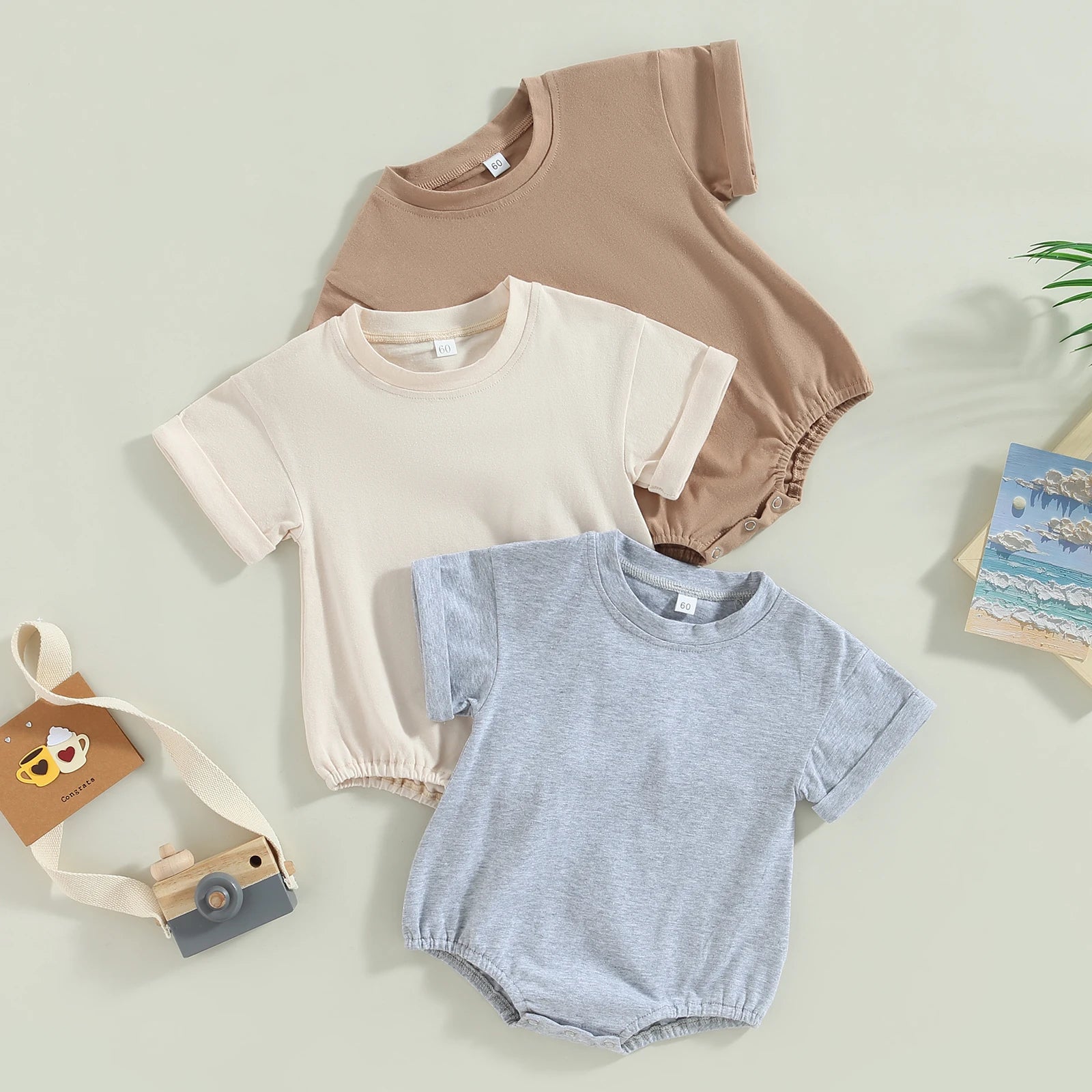 Baby Solid Color Short Sleeve Cotton Blend Romper Outfit