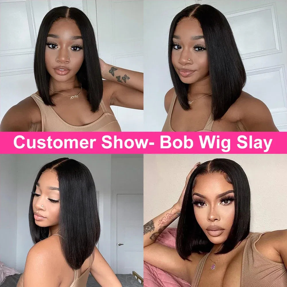Hair Color: #1B, Ships From: CHINA, Stretched Length: 14inches, Density: 180% - Wear And Go Glueless Bob Wig Human Hair 7x5 HD Lace Closure Human Hair Pre Plucked  No Glue Pre Cut Ready To Wear Frontal Wig Taven