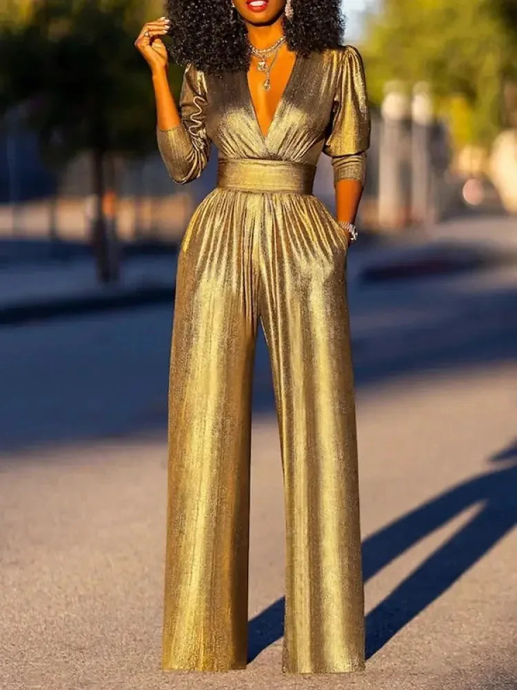 Uoozee Female Fashion Sexy Deep V-neck High Waisted Wide Leg Jumpsuits 2025 New Long Sleeves Solid Color Loose Party Outfits TAVEN System LLC