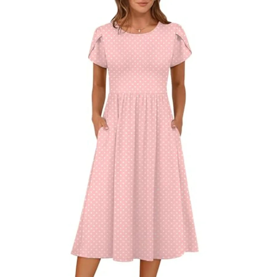 Women A-Line Midi Dress Casual Short Sleeve Summer Pockets Sundress