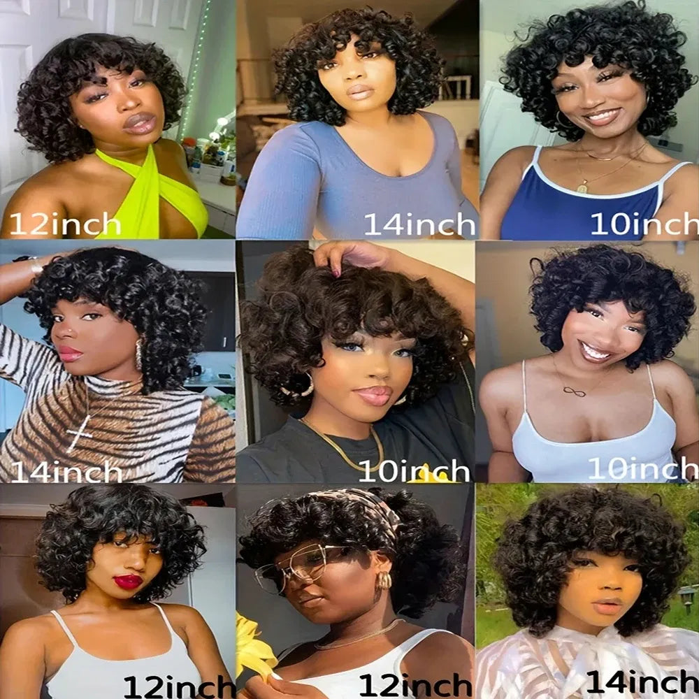 Hair Color: LYD1B/99J, Ships From: CHINA, Stretched Length: 14inches, Density: 150% - Afro Rose Curly Funmi Wigs with Bang Short Bouncy Curly Bob Wig With Bangs Machine Made Rose Curl Human Hair Wig For Black Women Taven