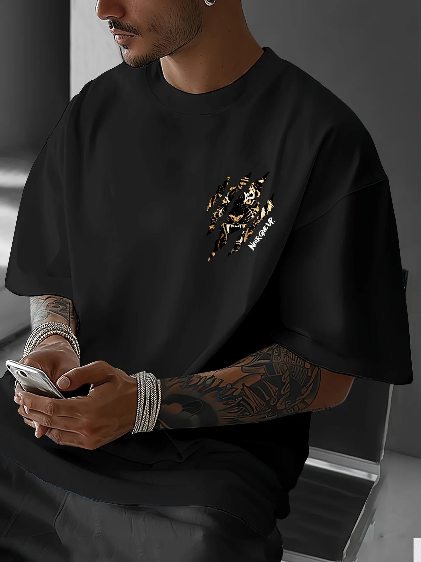 Tiger Claw Mark Never Give Up Print on Premium Soft 100% Cotton Mens T Shirt Perfect for Summer Streetwear and Bold Style TAVEN System LLC
