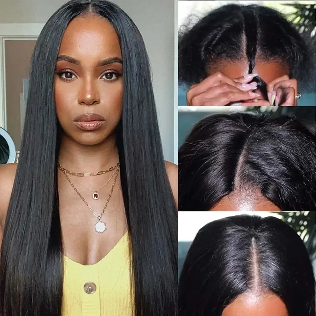 Straight V Part Brazilian Remy Human Hair Wig Glueless Long