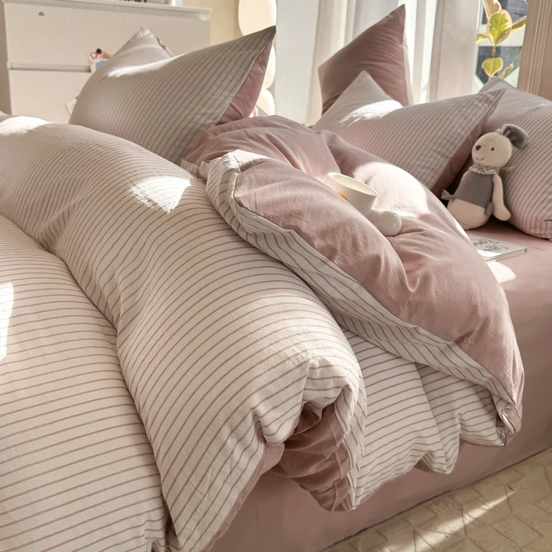 Soft Washed Cotton Bedding Set Striped Style Duvet Cover Sets with Quilt Cover Bedsheet Pillowcase 100% Cotton Bed Sheet Sets TAVEN System LLC