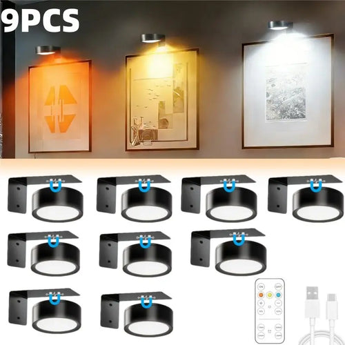 9-Pack Black Picture Lights for Wall, Battery Operated with Remote and Timer, 3 Color Temperatures & Dimmable, Art Display Light for Picture Frame Artworking Portrait，Wireless Wall Decor Puck Lights TAVEN System LLC