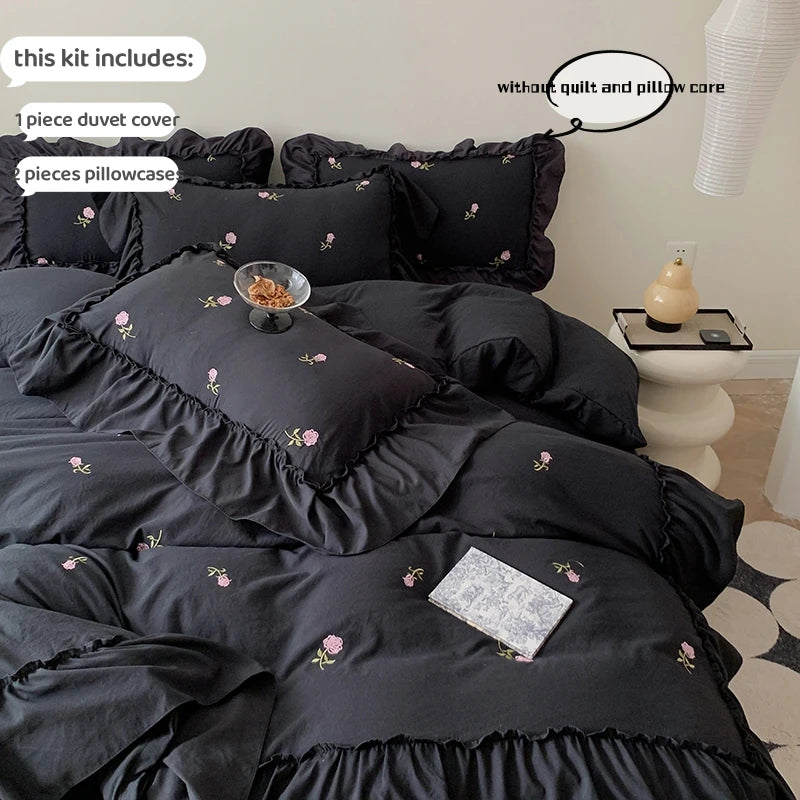 3pcs Rose Embroidered Duvet Cover Set (1*Duvet Cover + 2*Pillowcase, Without Core), Princess Style Lace Bedding Set TAVEN System LLC