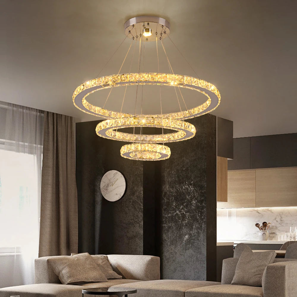 Luxury Crystal Modern Pendant Light DIY Rings Led Dimmable Chandelier Hanging Lustre Ceiling Lamp Home Living Room Decor Fixture TAVEN System LLC