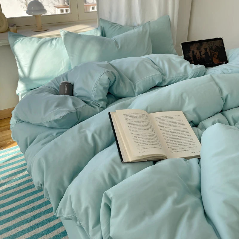 Cotton Bedding Set 4pcs with Solid Bed Sheet Duvet Cover Pillowcases Single Couple Bedsheet King Queen Double Twin Size TAVEN System LLC