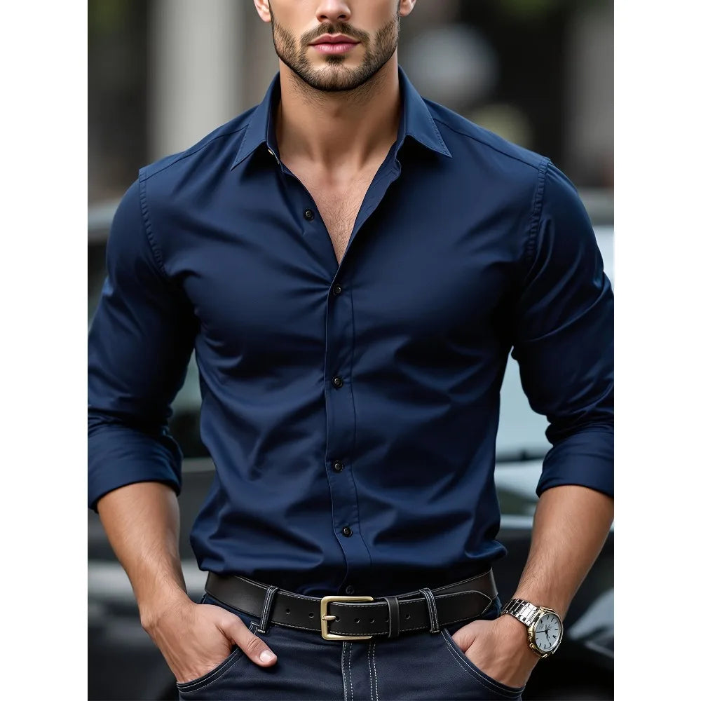 FGKKS New Men Shirt Brand New Solid Color Long Sleeve Elastic Fabric Men's Multiple Colors Male Quality Basic Shirt TAVEN System LLC
