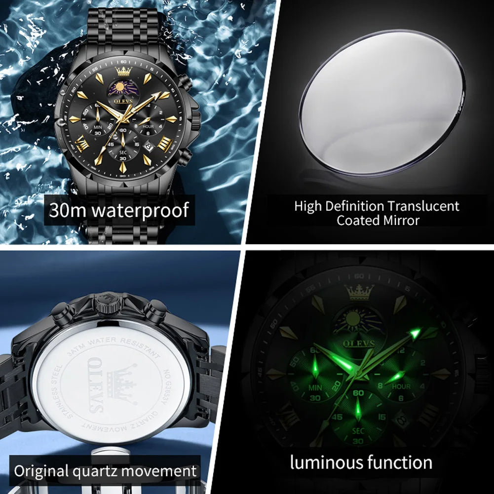 OLEVS 3653 Moon Phase Men Watch Luxury Brand Quartz Watch Fashion Original Waterproof Luminous 24-hour Automatic Date Men Watch TAVEN System LLC