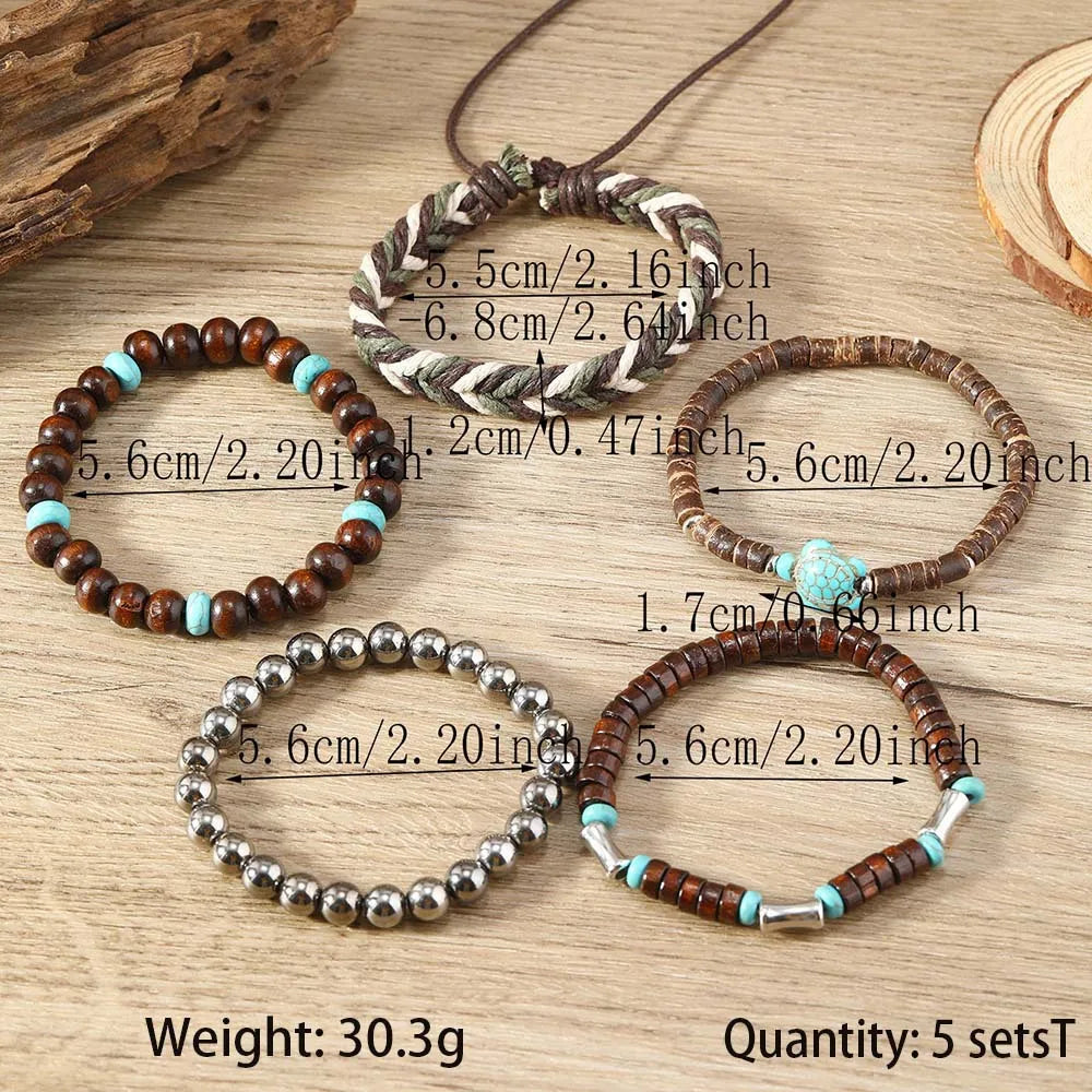 5-piece Bohemian Sea Turtle Vintage Wooden Shell Wax Rope Woven Bracelet Set TAVEN System LLC