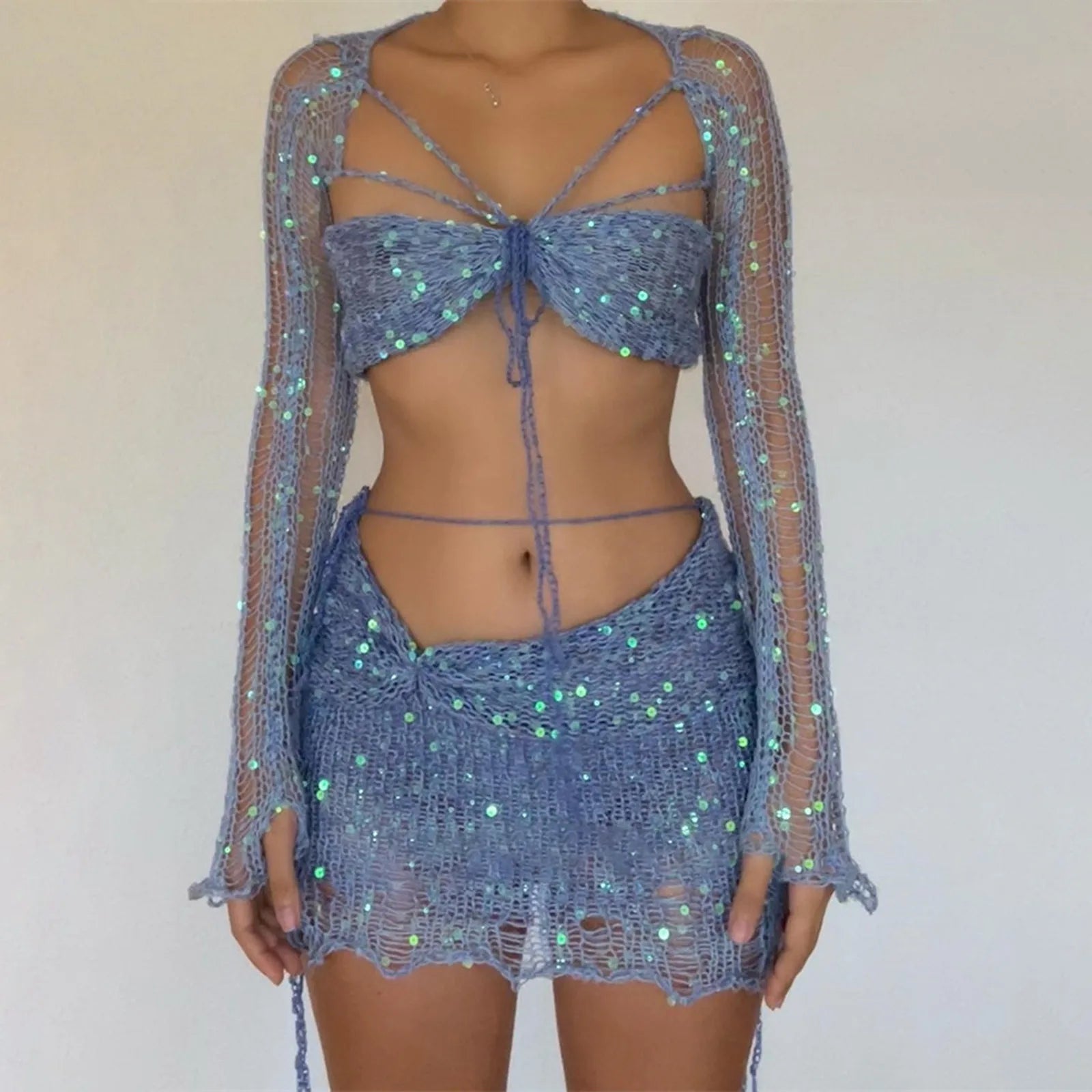Glitter Sequins Knitted Skirt Sets Women Fashion Hollow Sequins Bandage Tube Top Mini Skirts 3 Piece Outfit Vacation Clothing TAVEN System LLC