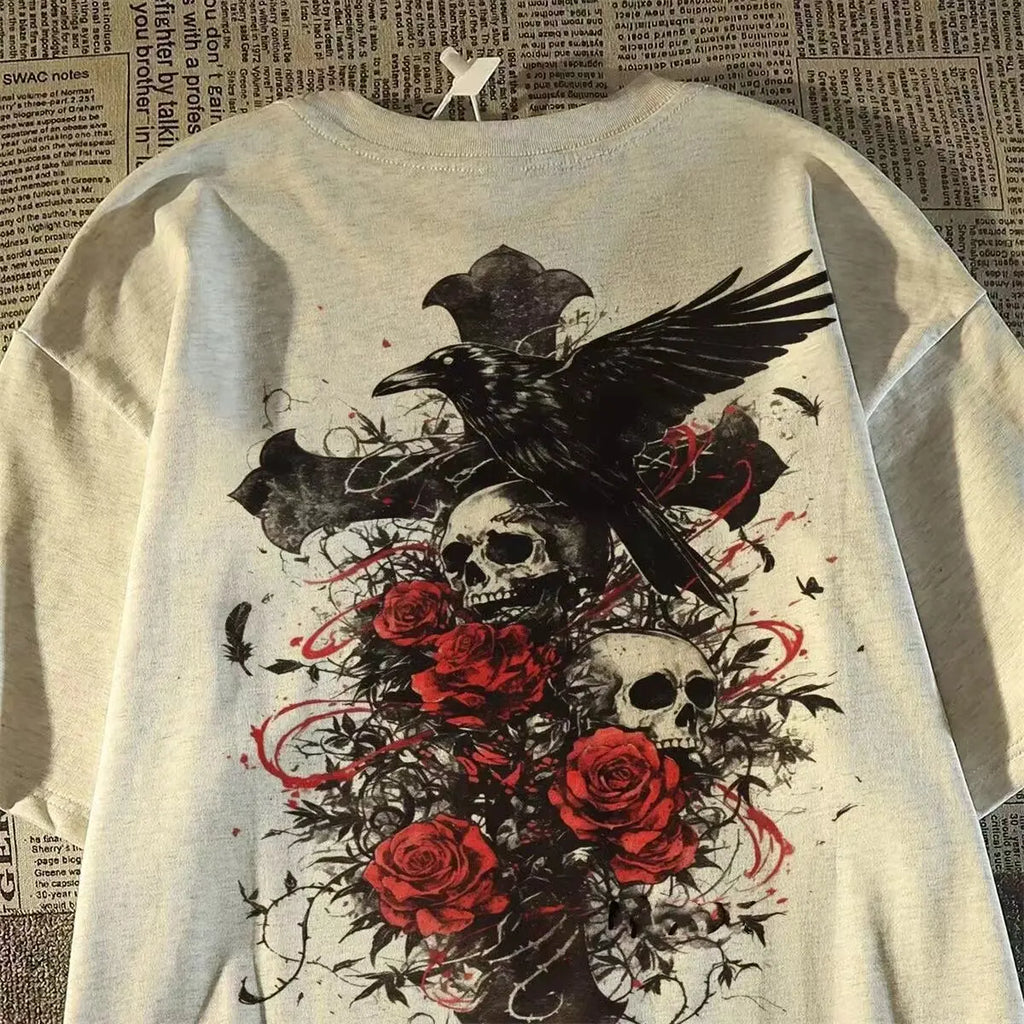 American Style Fashion Brand oversize Diablo Style Retro Subculture Skull Cross Short-sleeved T-shirt Men's Summer TAVEN System LLC