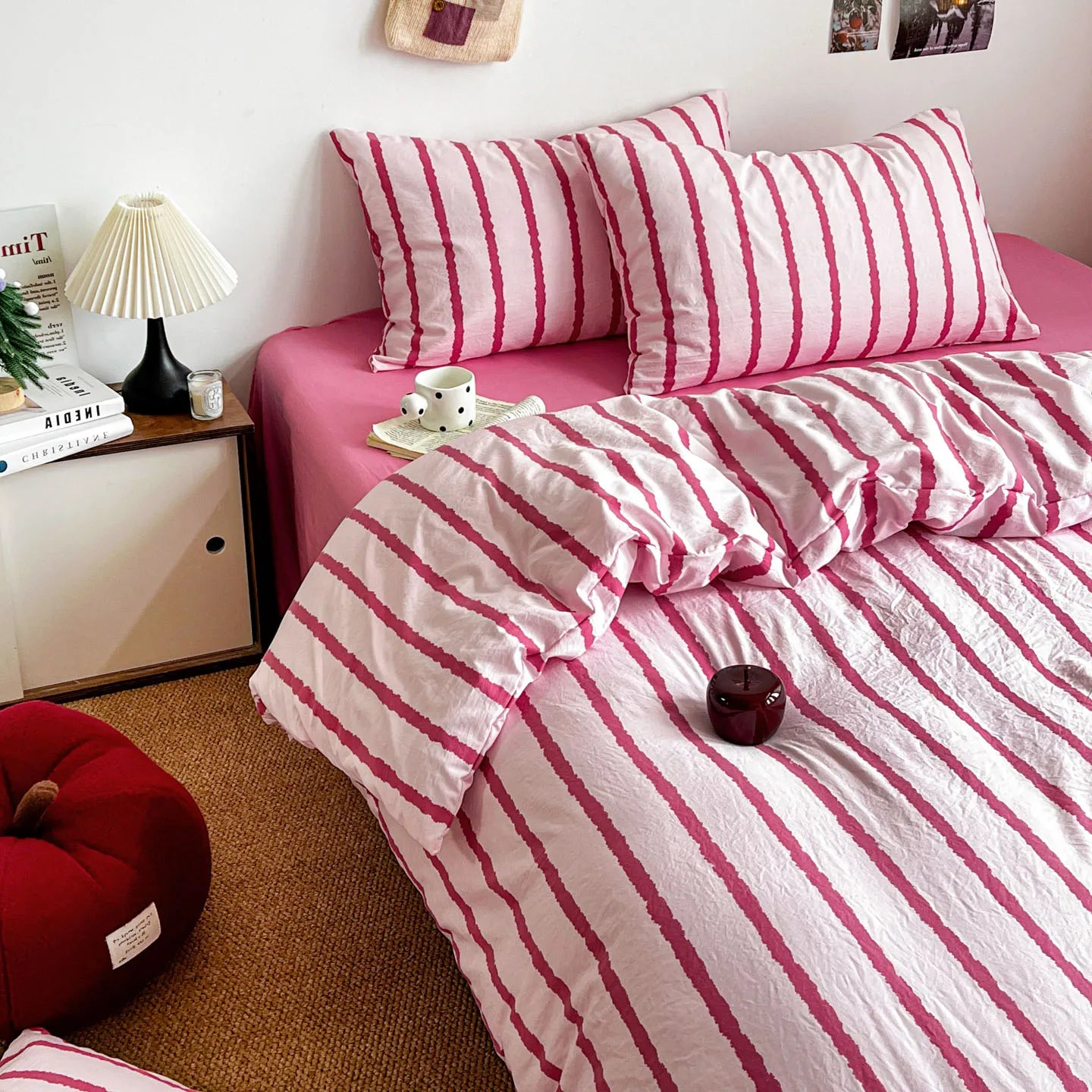 3pcs Simple Pink Striped Duvet Cover Set with 2 Pillowcases Soft Washed Cotton Bedding Set For Girls 150x200cm Bedroom Decor TAVEN System LLC