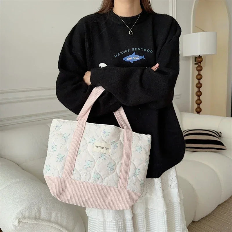 Women Floral Patchwork Tote Bag Retro Cotton Shoulder Shopper Bag