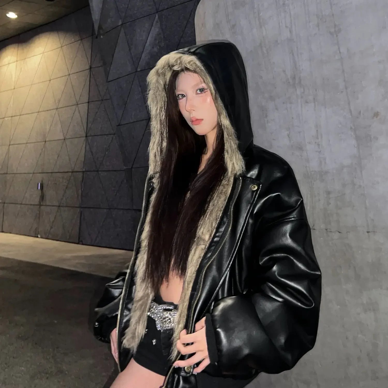 Men Luxury Vintage Faux Fur Reversible Hooded Winter Leather Coat