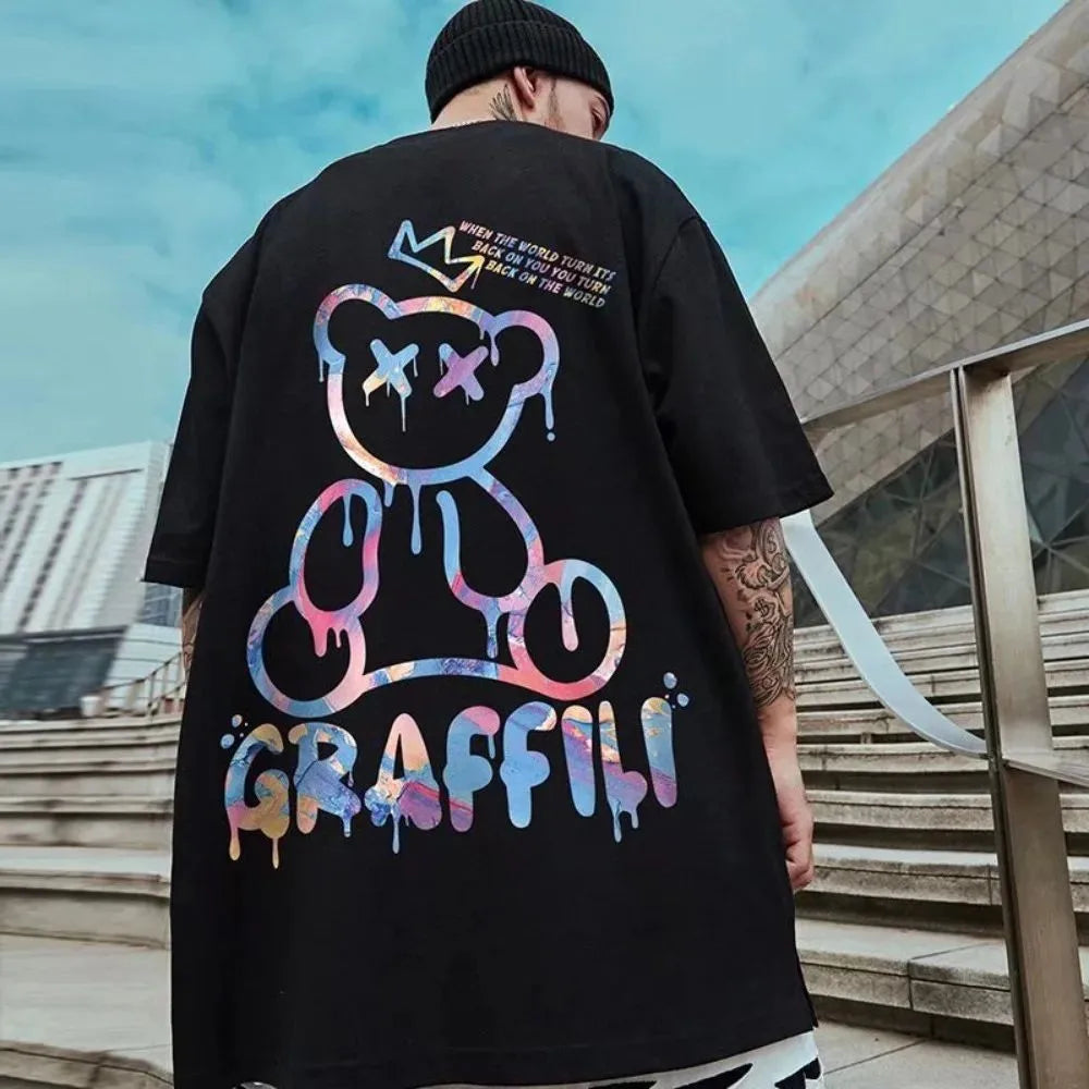 New men's summer colorful teddy bear letter print comfortable and breathable round neck T-shirt outdoor street top TAVEN System LLC