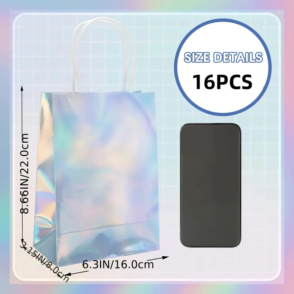15pcs Reusable Laser Iridescent Holographic Glossy Paper Gift Bags with Sturdy Handles - Rainbow Gradient Colors for Graduation, Wedding, Baby Shower, Birthday, Disco Party - Goodie Bags Bulk Pack, Reusable Gift Bags, Event F TAVEN System LLC