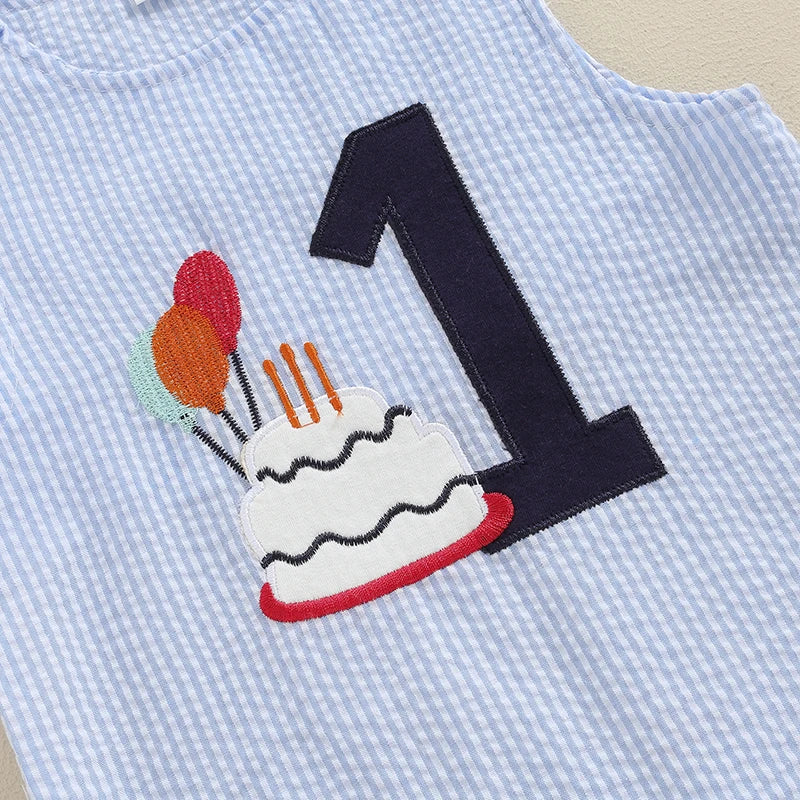 Baby Boy Striped Birthday Overalls with Cake Embroidery Outfit