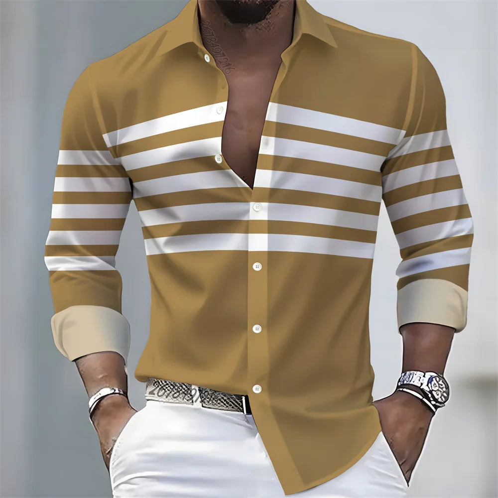 Men Striped Long Sleeve Slim Fit Casual Lapel Shirt TAVEN System LLC