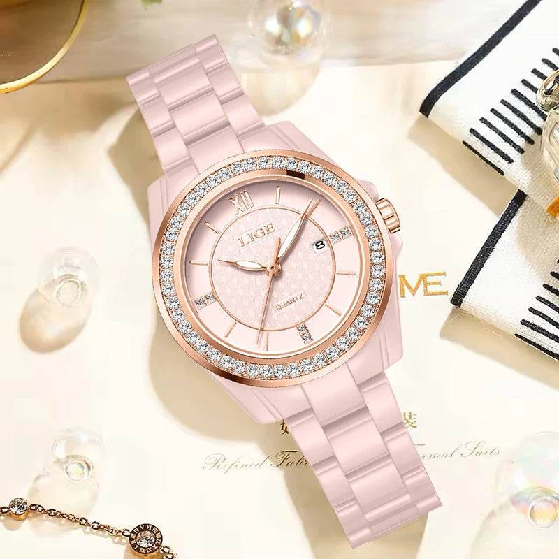 LIGE New Pink Watch Women Watches Top Brand Luxury Ceramic Watch Women Fashion Sport Waterproof Quartz Watch Female Montre Femme - TAVEN System LLC