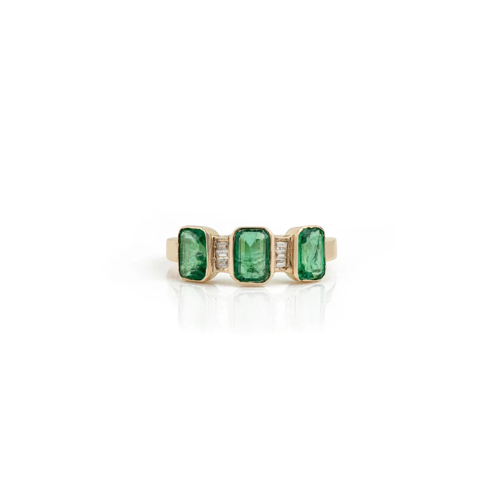 Best Trending Products 14K Real Yellow Gold Natural Emerald & Diamond Stacking Three Stone Ring Factory Wholesale Price Jewelry TAVEN System LLC