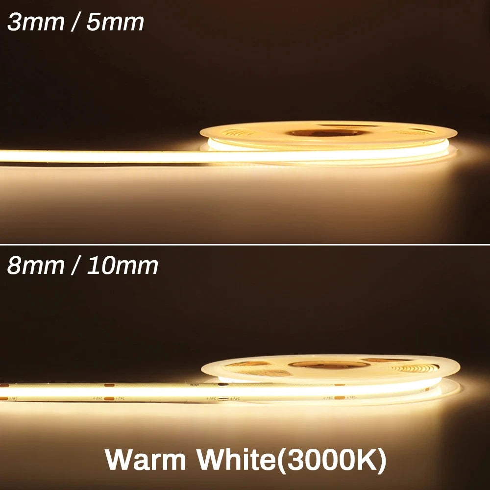 3mm 5mm 8mm COB LED Strip 12V 24V Dimmable Tape LED Ice Blue Yellow Red Green Pink White For Home Decor RA90 LED Strip Lighting TAVEN System LLC