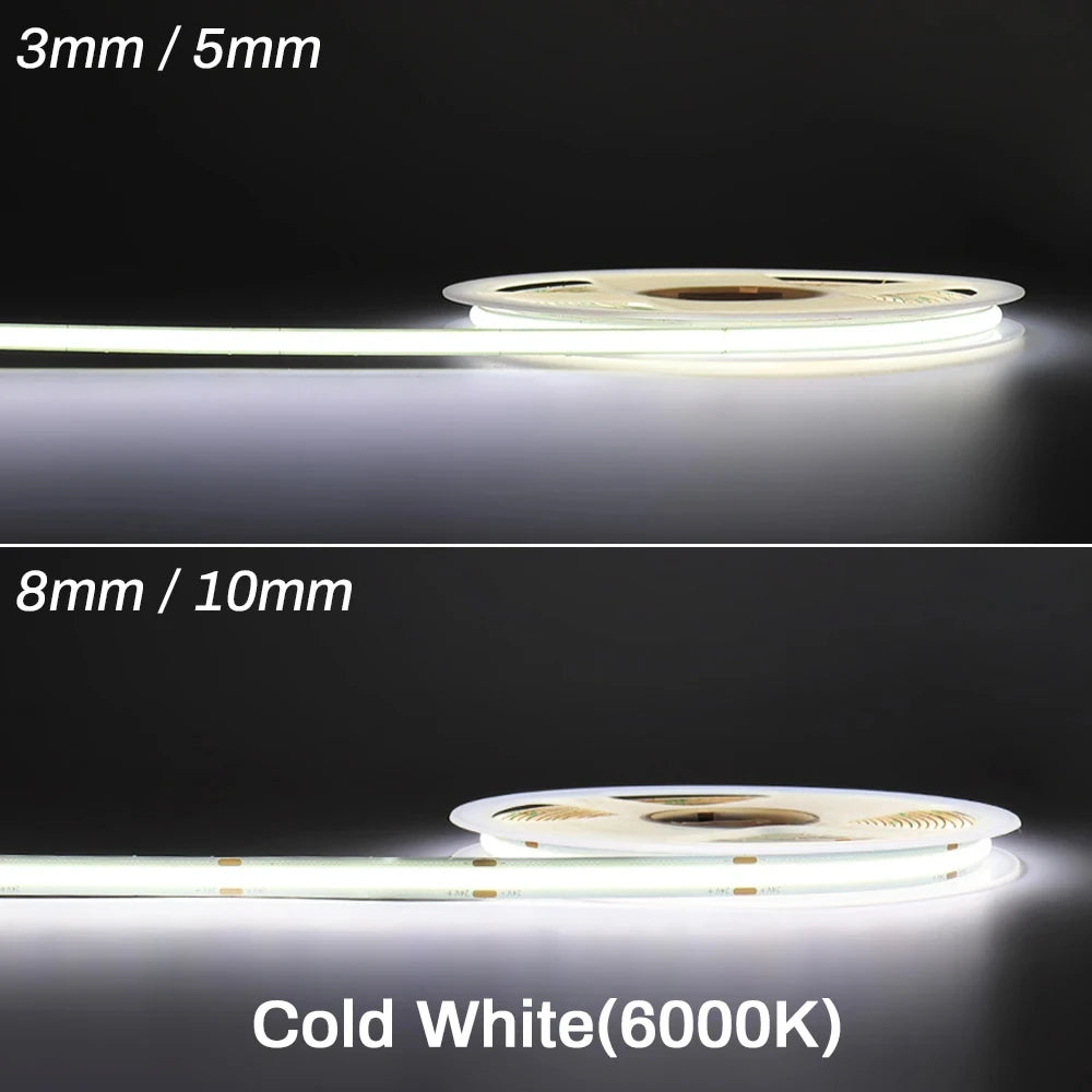 3mm 5mm 8mm COB LED Strip 12V 24V Dimmable Tape LED Ice Blue Yellow Red Green Pink White For Home Decor RA90 LED Strip Lighting TAVEN System LLC