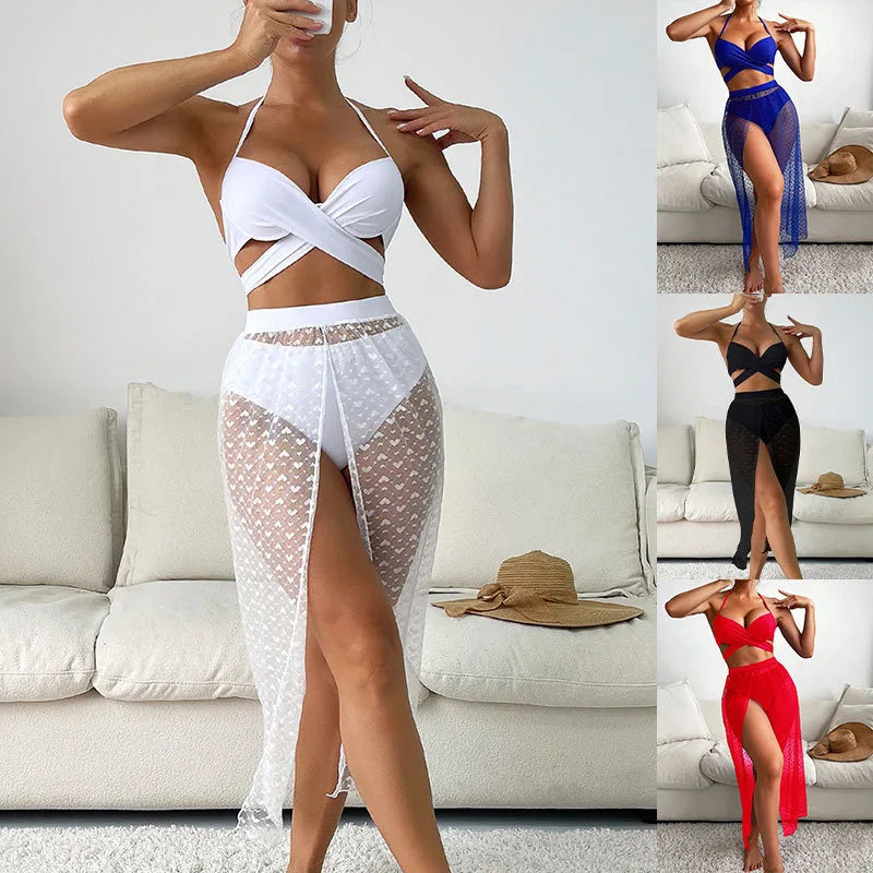 Nadanbao Three-Piece Bathing Suit Women Beach Party Vacation Mesh Multicolor Print Bikini Female Backless Bikini Set Swimwear TAVEN System LLC