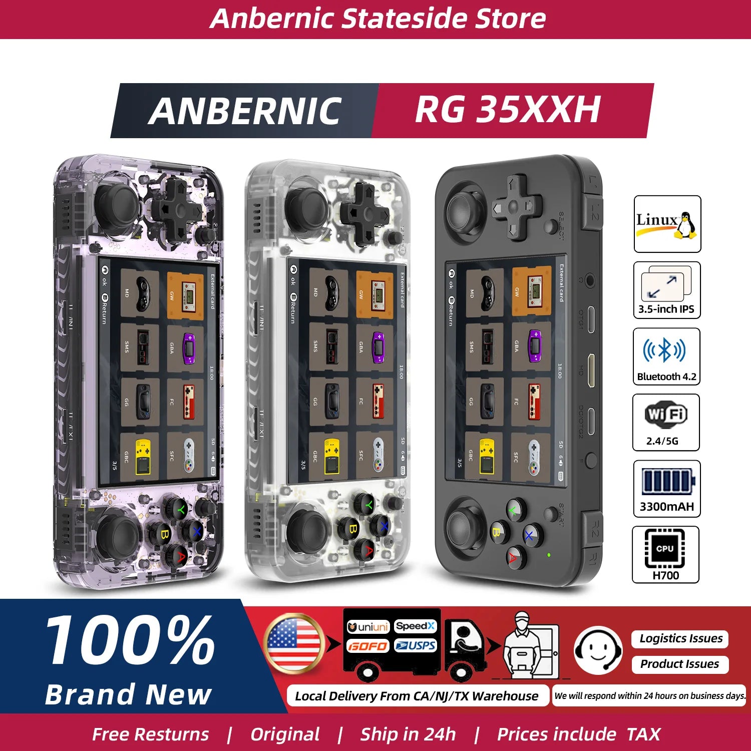 ANBERNIC RG35XX H Handheld Game Console 3.5''IPS Screen HDMI Output Linux System RG35XXH Retro Video Simulator Console Kids Gift TAVEN System LLC