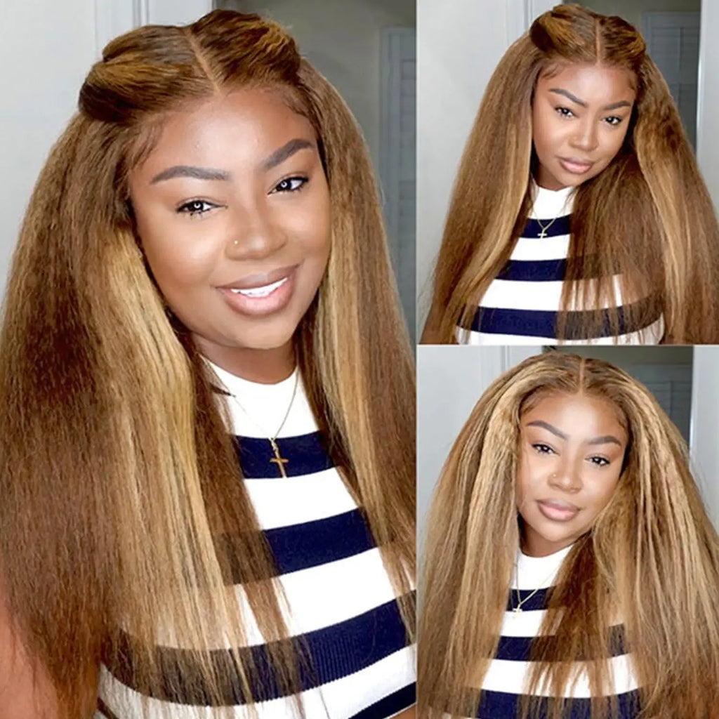 Stretched Length: 22inches, Density: 200% - 13x6 Highlight Brazilian 4/27 Brown Blonde Color Lace Wigs Kinky Straight Transparent Lace Front Human Hair Wig For Women Taven