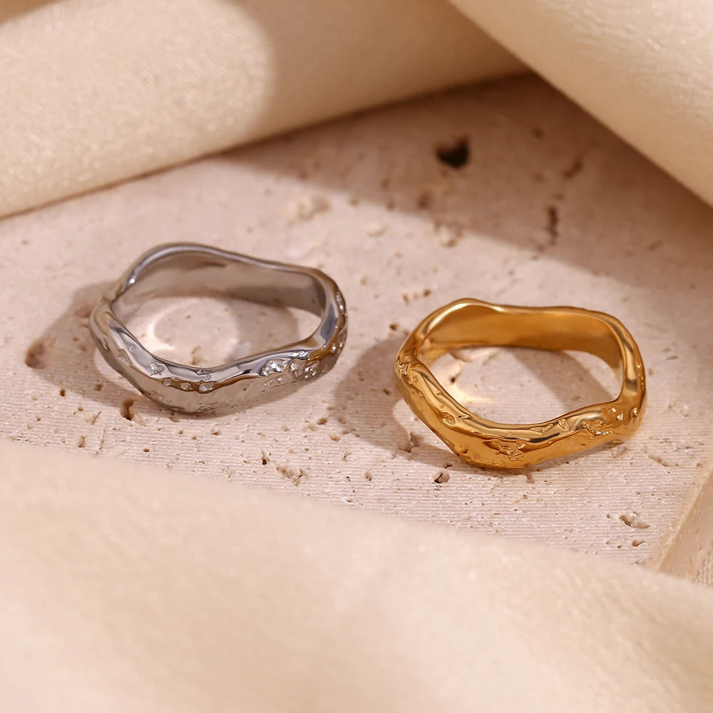 E.B.belle Beat Pattern Wave Plain Ring Waterproof Tarnish Free 18K Gold Plated Women's Rings 316L Stainless Steel Accessories TAVEN System LLC