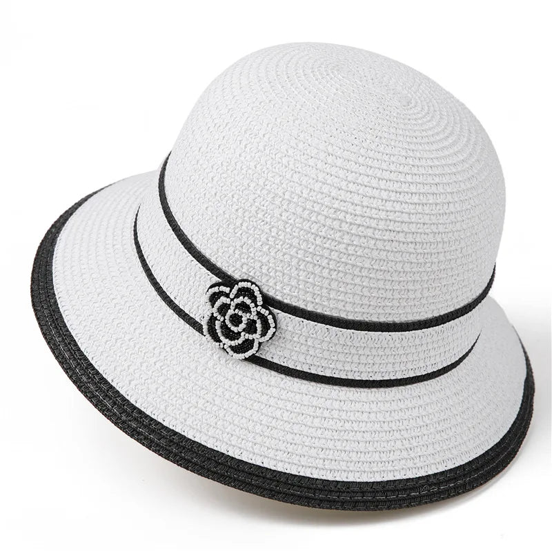 Women Straw Bucket Hat Floral Camellia Beach Sun Panama Cap TAVEN System LLC