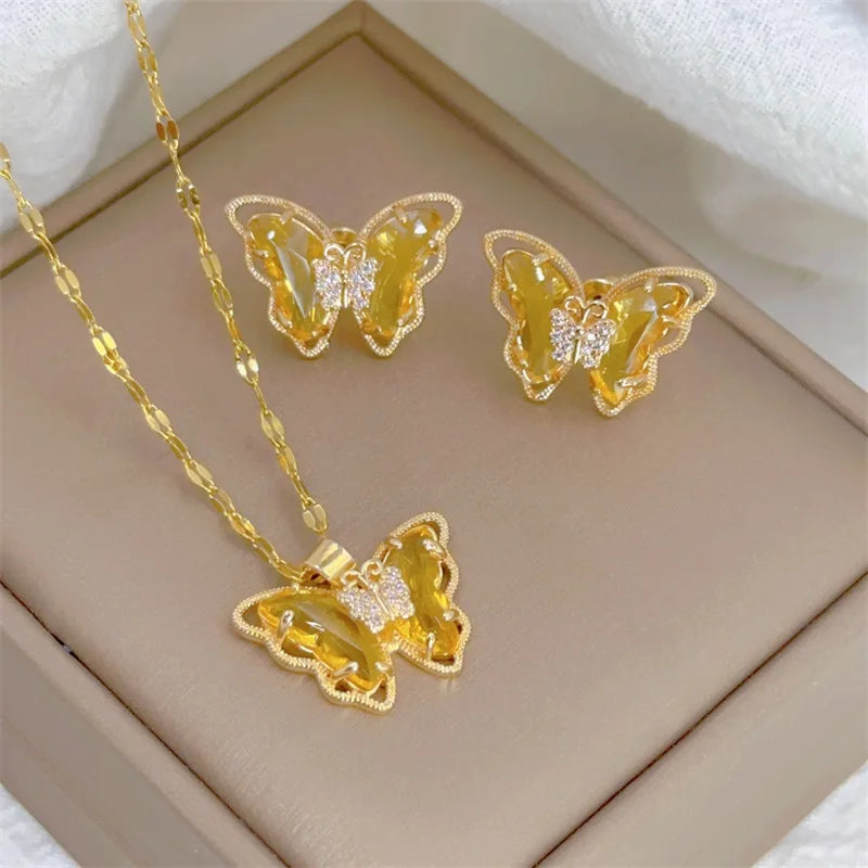 Fashion European and American Cute Micro-inlaid Butterfly Necklace Earrings Set Classic Light Luxury Transparent Stainless Steel TAVEN System LLC