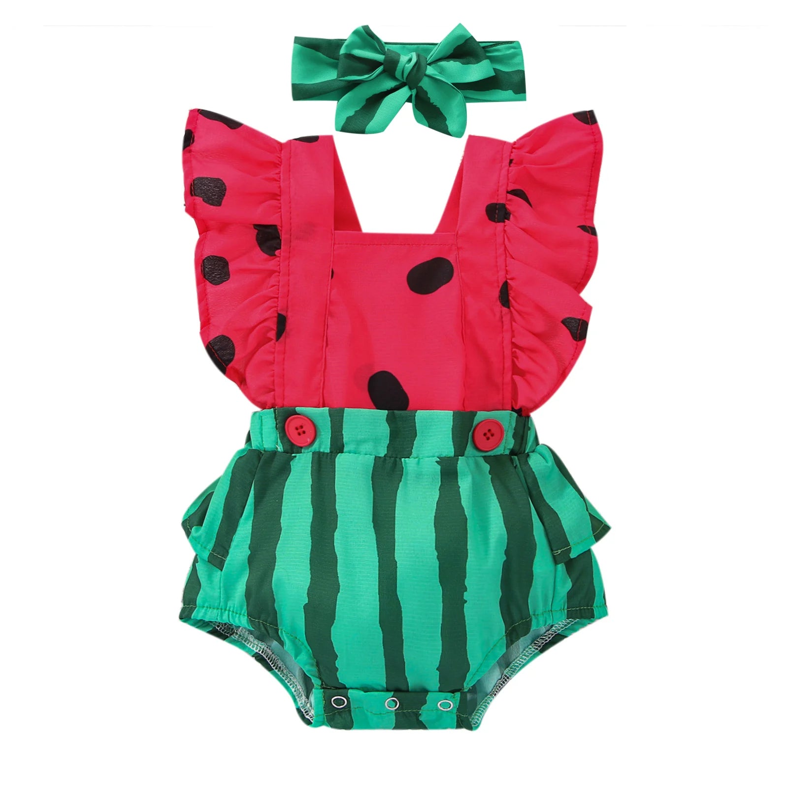 Baby Watermelon Print Romper with Matching Headband Summer Set