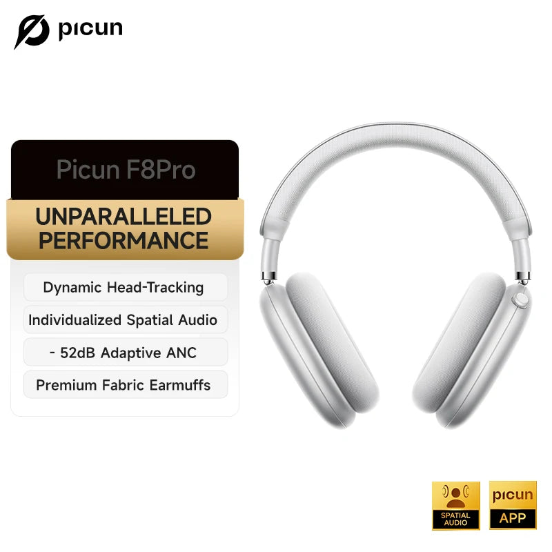 Picun F8 Pro ANC Wireless Headphones Head Tracking 3D Spatial Audio -52dB ANC HIFI Bluetooth Headset ENC HD Mic Low-Latency APP TAVEN System LLC