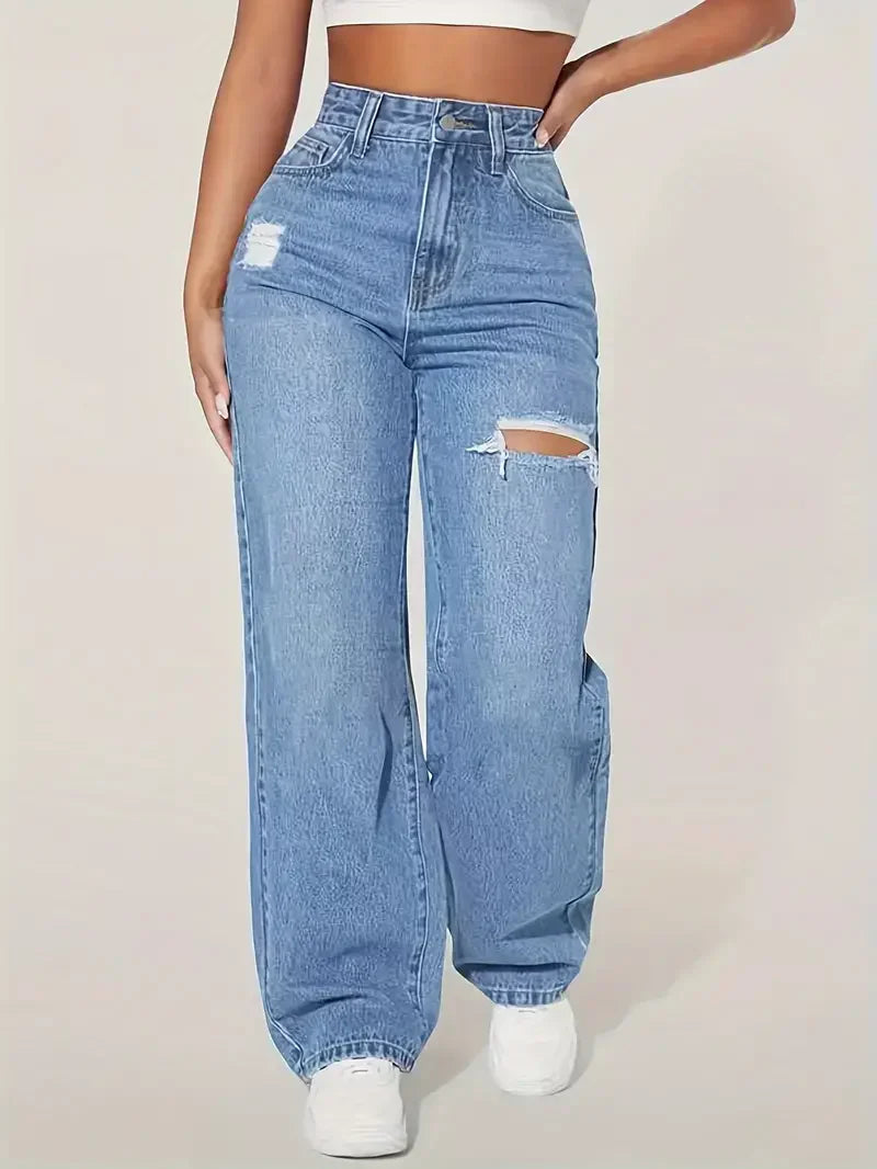 Trendy Wide Leg Distressed Jeans cc Casual Straight Denim Pants TAVEN System LLC