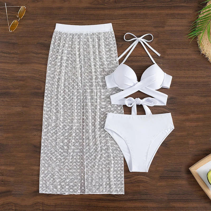 Nadanbao Three-Piece Bathing Suit Women Beach Party Vacation Mesh Multicolor Print Bikini Female Backless Bikini Set Swimwear TAVEN System LLC