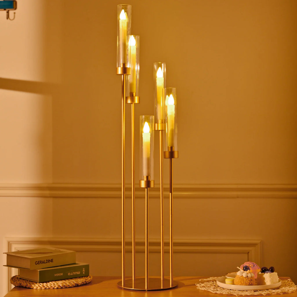 Gold Floor Candelabra 5 Arm Tall Candle Holder with Acrylic Lampshade for Wedding Table Birthday Party Decoration 10PCS TAVEN System LLC