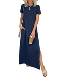 Women Short Sleeve Maxi Dress Crew Neck Side Split Casual Loose Dress