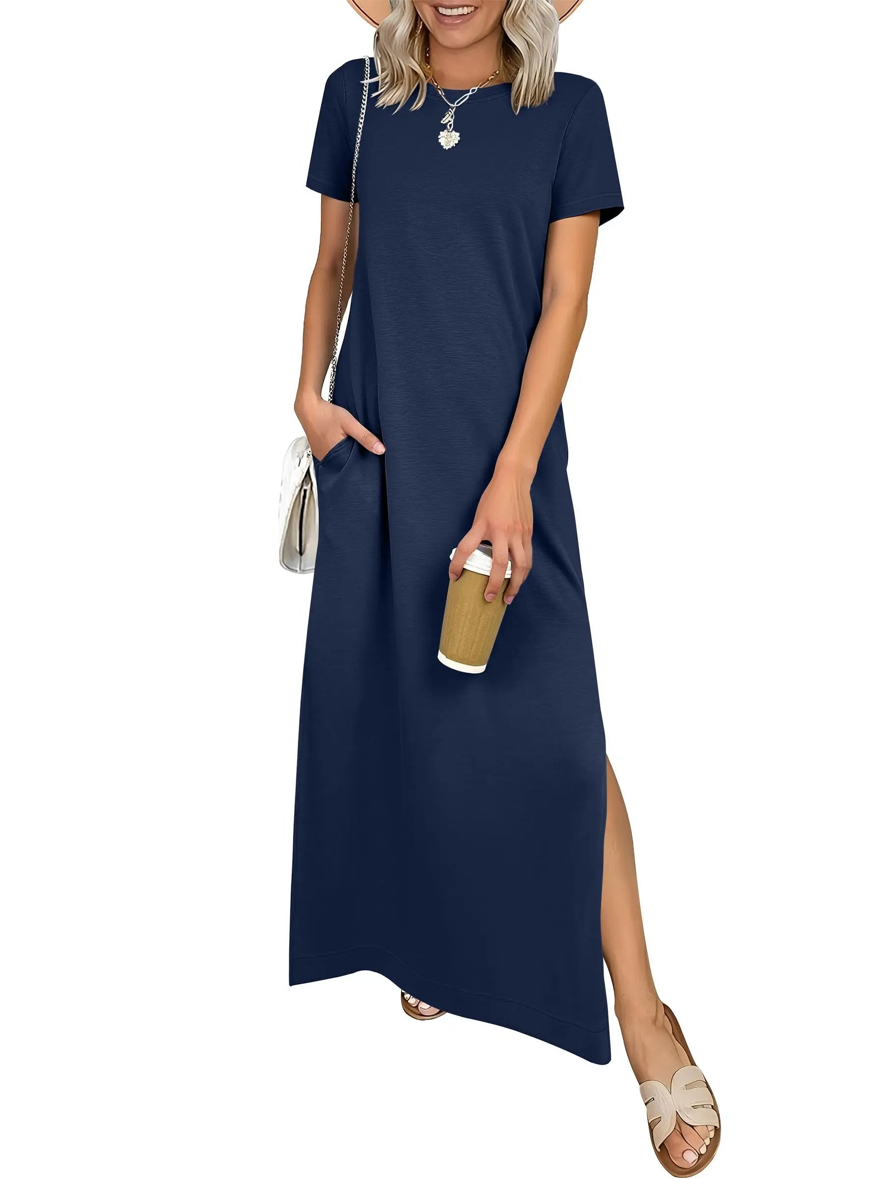 Women Short Sleeve Maxi Dress Crew Neck Side Split Casual Loose Dress