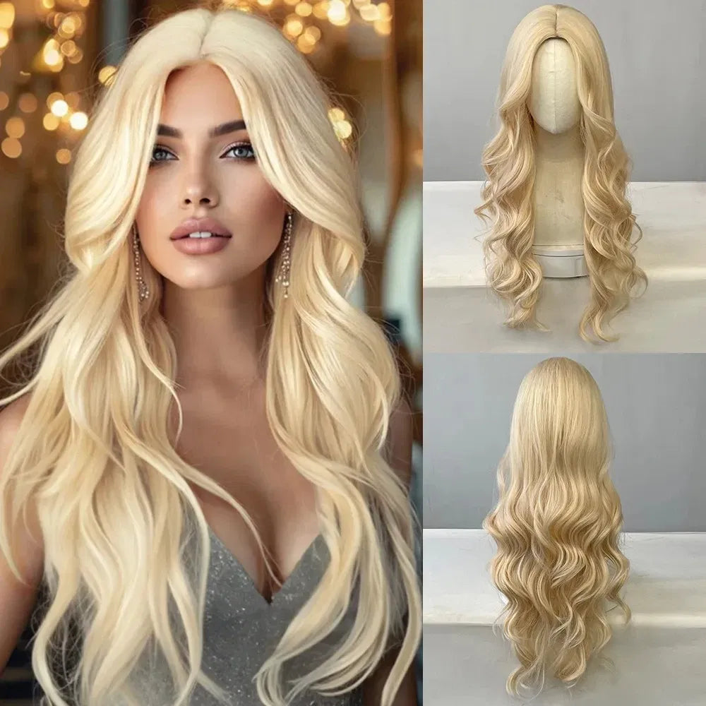 Color: #3 - Black synthetic wig with middle-parted long hair and big waves for party or daily use. High-temperature synthetic hair cap. Taven
