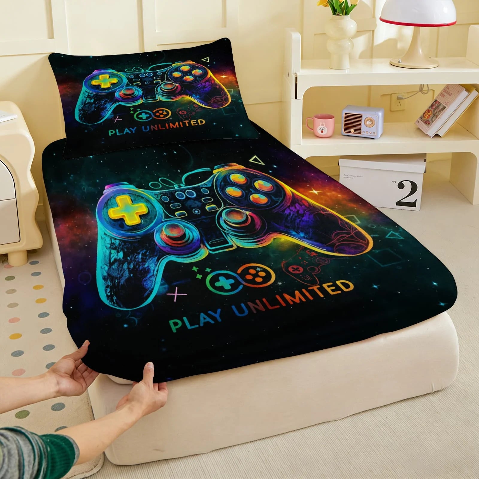 1pc Neon Cosmic Game Controller Print Fitted Sheet Deep Pocket Elastic Mattress Cover Single Double Queen King Bedroom Decor TAVEN System LLC