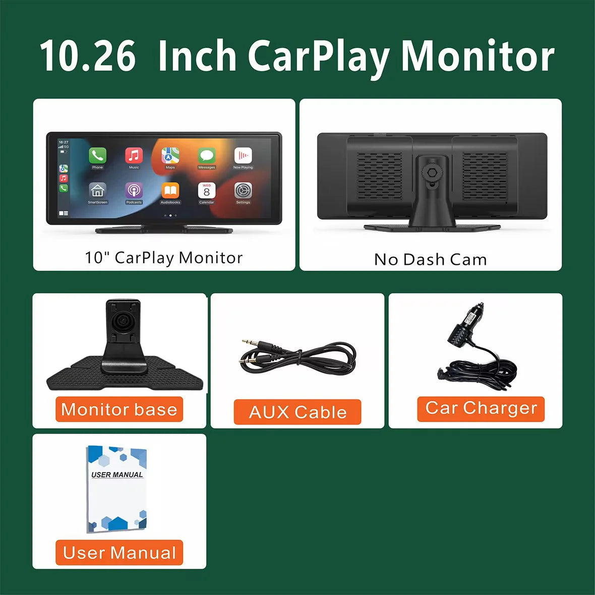 Portable Wireless Carplay Car Stereo, 10.26" inch HD Touchscreen for Car with CarPlay& Android Auto with Mirror Link/Backup Cam